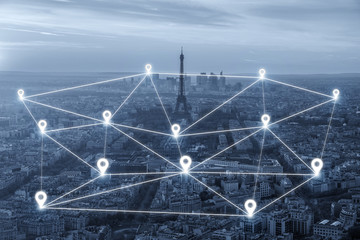 Map pin network connection flat above over Paris city. Network 