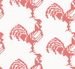 Knitted Rooster Seamless Pattern in Red Color.