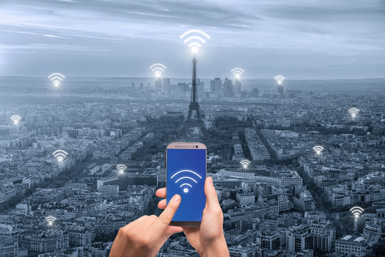 Wifi icon and Paris city with network connection concept, Paris - Powered by Adobe
