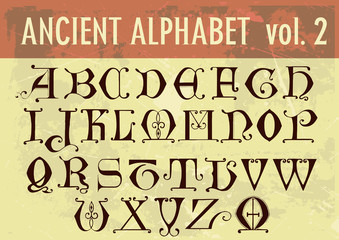 Ancient alphabet: ornamental calligraphic letters from 14th century. Full 26 letters alphabet.