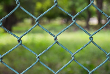 Fototapeta premium Close-up rusty green fence with blur field background
