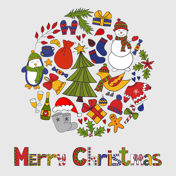 Vector circular wreath, Christmas greeting card template, Merry Christmas. Winter holiday design, frame wreath design made of childish doodles: winter forest, mittens, snowman.
