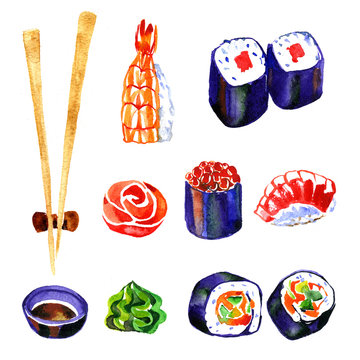 Watercolor sushi and roll on white background.