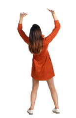 back view of woman pushes wall. Isolated over white background. Rear view people collection. backside view of person. Brunette in elegant red dress holding something over his head.