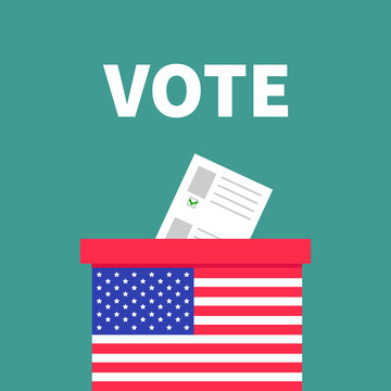 American flag Ballot Voting box with paper blank bulletin concept. Polling station. President election day Vote. Isolated Green background Flat design Card