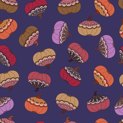 Seamless bright pattern pumpkins with abstract ethnic patterns for Halloween, harvest festival, vector illustration