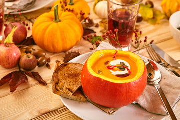 Pumpkin soup with toast for dipping