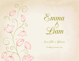 Wedding invitation card template with pink lily flowers and swirly leaves on vintage paper background.