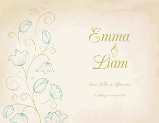 Wedding invitation card template with blue lily flowers and bright green swirly leaves on vintage paper background.