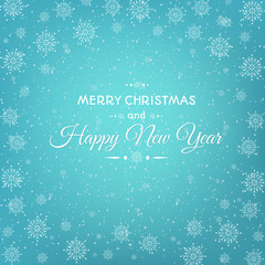 Christmas New Year greeting card template with abstract snowflakes round frame on bright blue background.