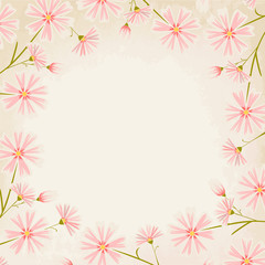 Elegant pink daisy flowers round border design element on vintage paper background.