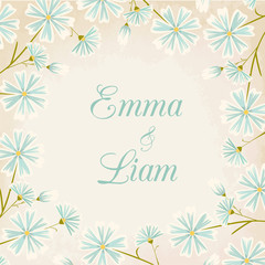 Elegant blue daisy flowers round border. Wedding invitation card template. Vintage paper background.