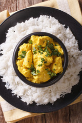 Chicken Korma on a mildly spiced creamy sauce close-up. Vertical top view