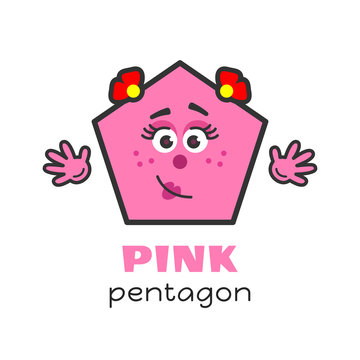 Pentagon geometric shape vector illustration for kids. Cartoon pink pentagon character with face and hands for preschool or primary school children. Card with funny geometric shape for kids