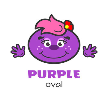 Oval geometric shape vector illustration for kids. Cartoon purple oval character with face and hands for preschool or primary school children. Card with funny oval shape