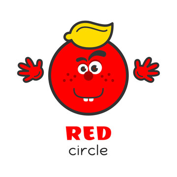 Circle geometric shape vector illustration for kids. Cartoon red circle character with face and hands for preschool or primary school children. Card with funny shape for activities with kids