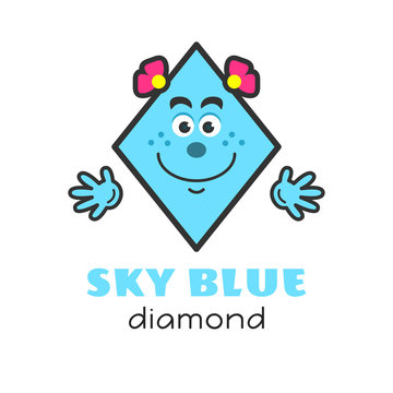 Diamond geometric shape vector illustration for kids. Cartoon sky blue diamond character with face and hands for preschool or primary school kids. Cards with funny shapes for activities with children