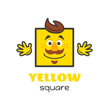 Square geometric shape vector illustration for kids. Cartoon yellow square character with face and hands for preschool or primary school children. Card with funny geometric shape