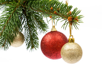Obraz na płótnie Canvas Christmas greeting card. Isolated tree with balls and ornament o