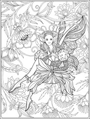 Fairy with butterfly wings on swingю Coloring page.