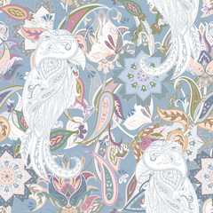 Seamless paisley pattern with birds. Stylized decoration print 