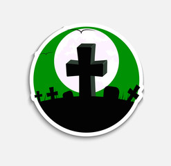 Sticker Design (icons) on Halloween night with a green sky and graves with crosses on the hill. Vector illustration
