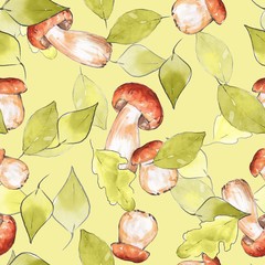 Autumn pattern 5. Seamless background with watercolor mushrooms and leaves.