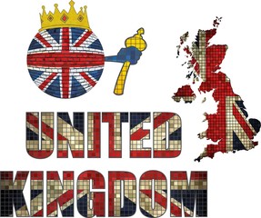 Brick ball with Great Britain flag - Illustration, 
Ball with United Kingdom flag and crown, 
Font with the British flag in mosaic, 
Crown with flag and map of UK
