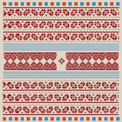 Vintage Nordic Ornament. Ethnic National Ornament. Retro Geometric Embroidery Swatch. Beige Burgundy digital background vector illustration.