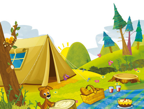 Cartoon scene of camping in the mountains - tent and dog - illustration for children