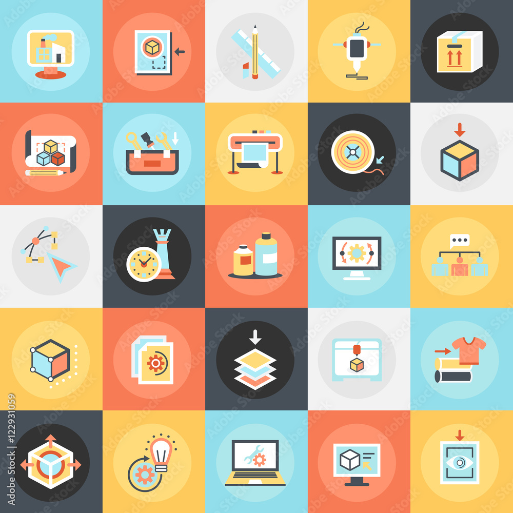 Poster flat icons pack of 3d printing