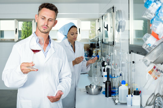 Man checking quality of wine in chemical laboratory