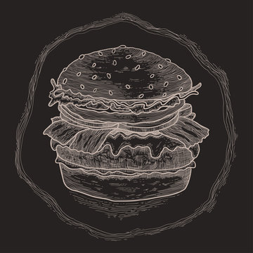 Hand drawn illustration of hamburger. ink doodles. sketch tasty burger. design for logo, delivery site cafe and other