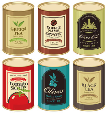 set Vector illustration of a tin can with label of olives, tea, coffee and tomato soup