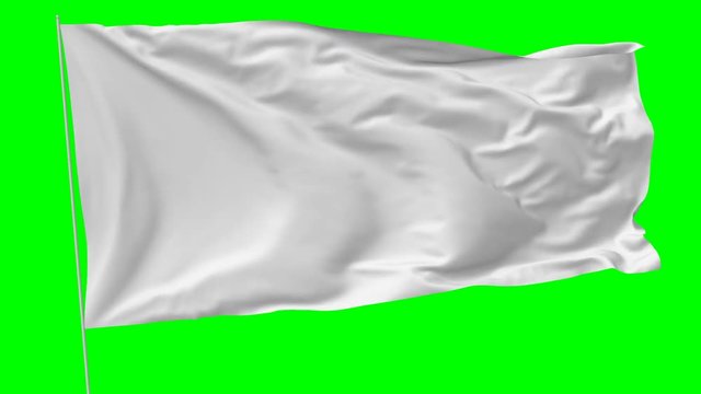 Blank plain white flag with flagpole waving in the wind, surrender flag 3D animation with green screen