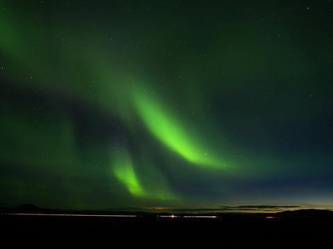 Northern lights in Reykjahlid in the Lake Myvatn area in northern Iceland