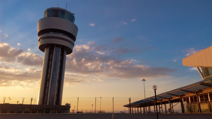 Control Tower of Sofia Airport against a Beautiful Sunset and Clear Blue Sky