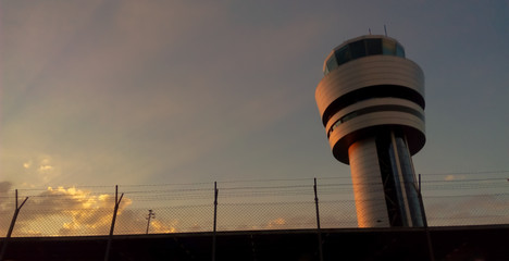 Airport control tower at sunset in Sofia, Bulgaria