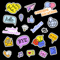 Fashion patch badges. Social networks set. Stickers, pins, patches and handwritten notes collection in cartoon 80s-90s comic style. Trend. Vector illustration isolated. Vector clip art.