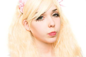 characterized portrait manga girl makeup in the studio, on white