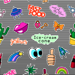 Seamless pattern with fashion patch badges. Pop art. Vector background with stickers, pins, patches in cartoon 80s-90s comic style. Lips, eyes, hearts, sun, ice cream, pizza. Vector clip-art.