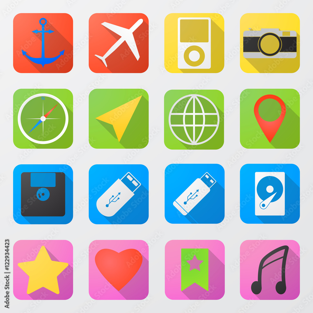 Poster vector set of 12 flat web icons with long shadow