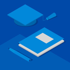Graduation cap, papers in folder and pen. Concept of academic study or science. Isometric 3D vector clip art in blue colors.