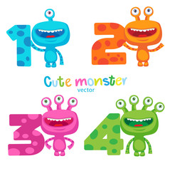 Cute Colorful Monsters and Kids Numbers Vector Set. Luck Cartoon Mascot Illustration. Kids Number Learning Vector. Happy School theme. Small Alien Creature.