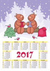 calendar for 2017 with the image of funny animals and Christmas tree