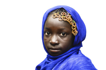 Isolated African Little School Girl Portrait Outdoors with Blue Head Scarf 