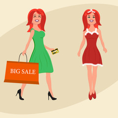 Buyer. Girl with shopping bags from the store and in christmas suit. Sale. Vector illustration of a flat design