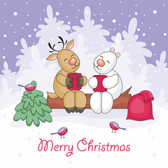 Christmas greeting card with the image of funny animals and Christmas tree