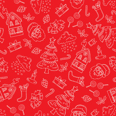 Pattern with hand drawn symbols of Merry Christmas, Happy New Year on red color