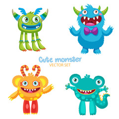 Cute Monsters Vector Set. Lucky Cartoon Mascot Illustration. Vector Funny Fantastic Animals. Happy Toys On A White Background. Theme For Kids T-Shirt.